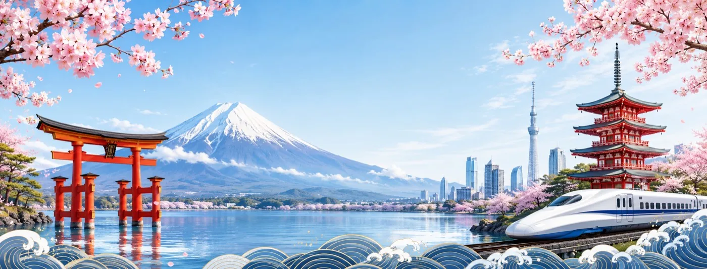 Illustration of landmarks and transportation in Japan